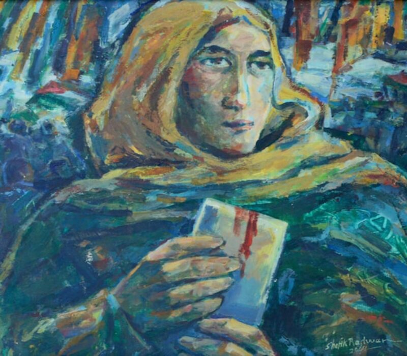 Shafik Radwan, Martyr's Wife in Protest, 2004, acrylic on cardboard, 39 x 47 cm