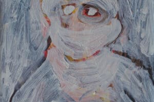 Ibrahim Al Mozain, Masked #1 (2018), acrylic on canvas, 40 x 30 cm
