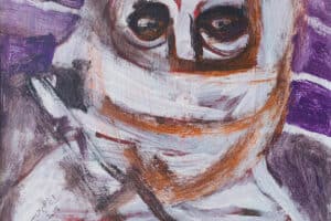Ibrahim Al Mozain, Masked #2 (2018), acrylic on canvas, 40 x 30 cm