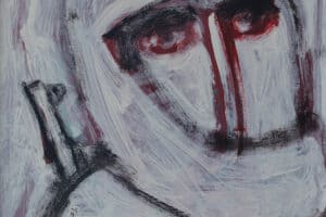 Ibrahim Al Mozain, Masked #4 (2018), acrylic on canvas, 40 x 30 cm