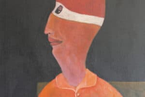 Ibrahim Al Mozain, Masked Man (2016), acrylic on canvas, 80 x 60 cm