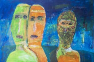 Ibrahim Al Mozain, A Couple and a Masked Man (2018), acrylic on cardboard, 50 x 70 cm