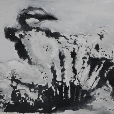 Aissa Deebi, Storm (2018), grisaille, glazing, oil and acrylic on canvas, 50 x 70 cm