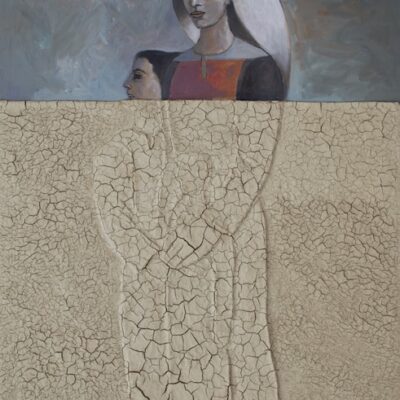 Sliman Mansour, Absent Presence II, 2019, mud and acrylic on wood, 140 x 100 cm