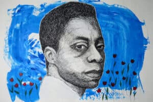 Asma Ghanem, James Baldwin (2020), mixed media on canvas, 23 x 40 cm