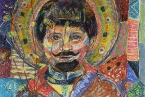 Fadi Batrice, Representing Childhood #6 (2018), pastel on wood, 50 x 50 cm