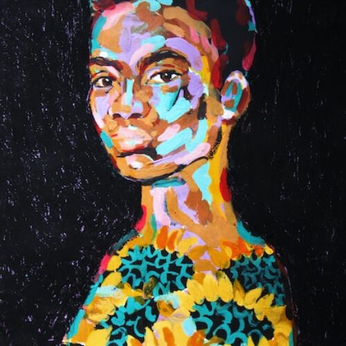 Asma Ghanem, Sunflower Black Girl (2020), mixed media on paper, 43 x 33 cm