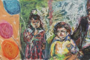 Fadi Batrice, Representing Childhood #3 (2018), pastel on wood, 14 x 30 cm
