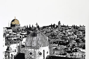 Bashar Alhroub, Sacred Domes #2 (2022), ink & gold paint on paper, 54 x 66 cm
