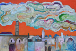 Hosni Radwan, Jerusalem Sky (2021), acrylic on canvas, 79 × 117 cm