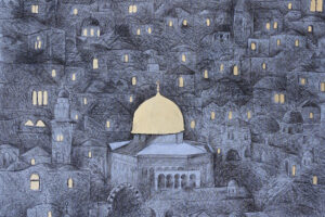 Hosni Radwan, Jerusalem at Night (2021), charcoal and gold leaf on canvas, 129 × 102 cm