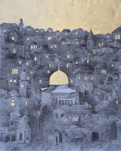 Hosni Radwan, Jerusalem at Night (2021), charcoal and gold leaf on canvas, 129 × 102 cm