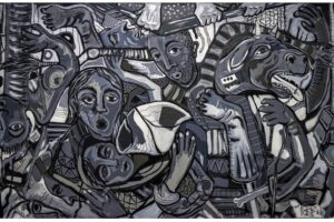 Bashir Qonqar, Earthquake (2023), acrylic on canvas, 114 x 188 cm