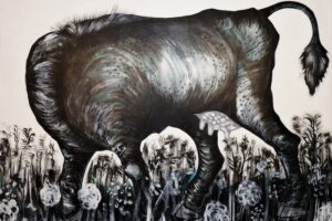 Bashir Qonqar, Headless Cow (2021), acrylic and Chinese ink on canvas, 147 x 187 cm